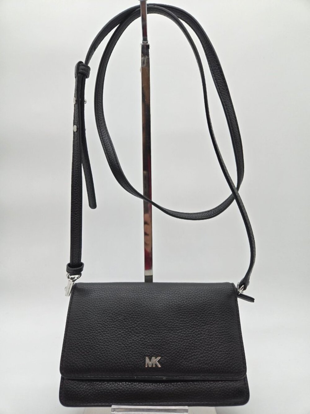 Michael Kors Black Pebbled Leather Phone Crossbody Bag Gold MK Logo